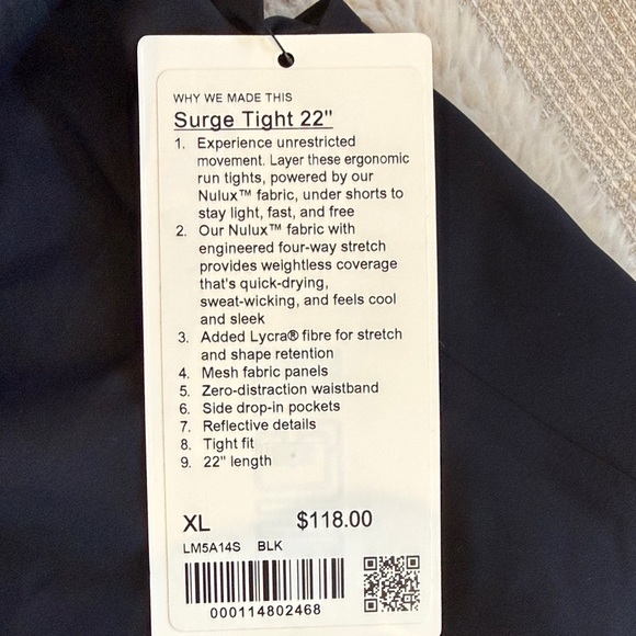 Lululemon Athletica Black Surge Tights 22” XL NWT Black - Picture 3 of 6